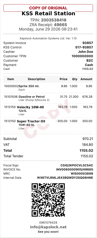 Example ZRA Smart Invoice issued by KSS, with TPIN, VAT, fiscal signature and verification QR code