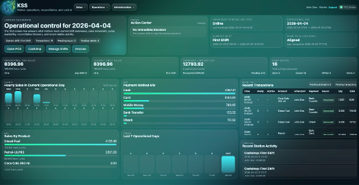 KSS Station Fuel Management dashboard with live revenue, transactions and payment activity