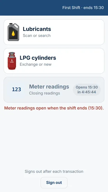 Forecourt handheld home: lubricants, LPG cylinders and locked meter readings