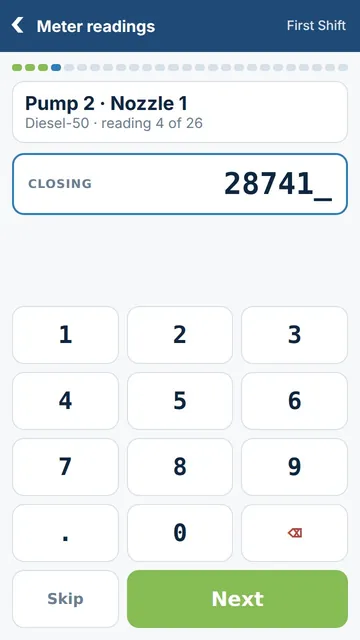 Closing meter reading entered blind on a large keypad, one nozzle at a time