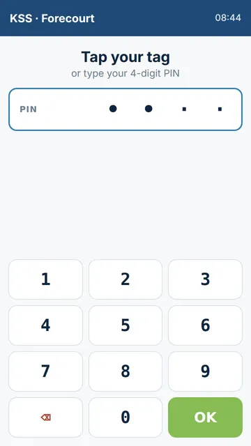 Forecourt handheld sign-in: tap your tag or type your PIN